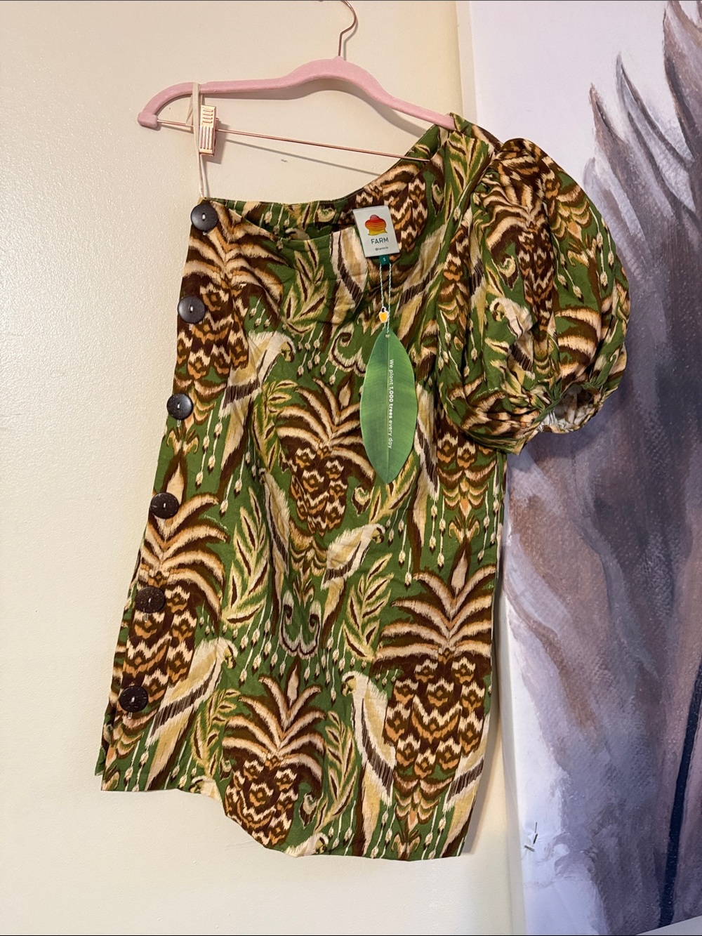 FARM Rio Green and Brown Tropical Puff-Sleeve Blouse with Side Buttons